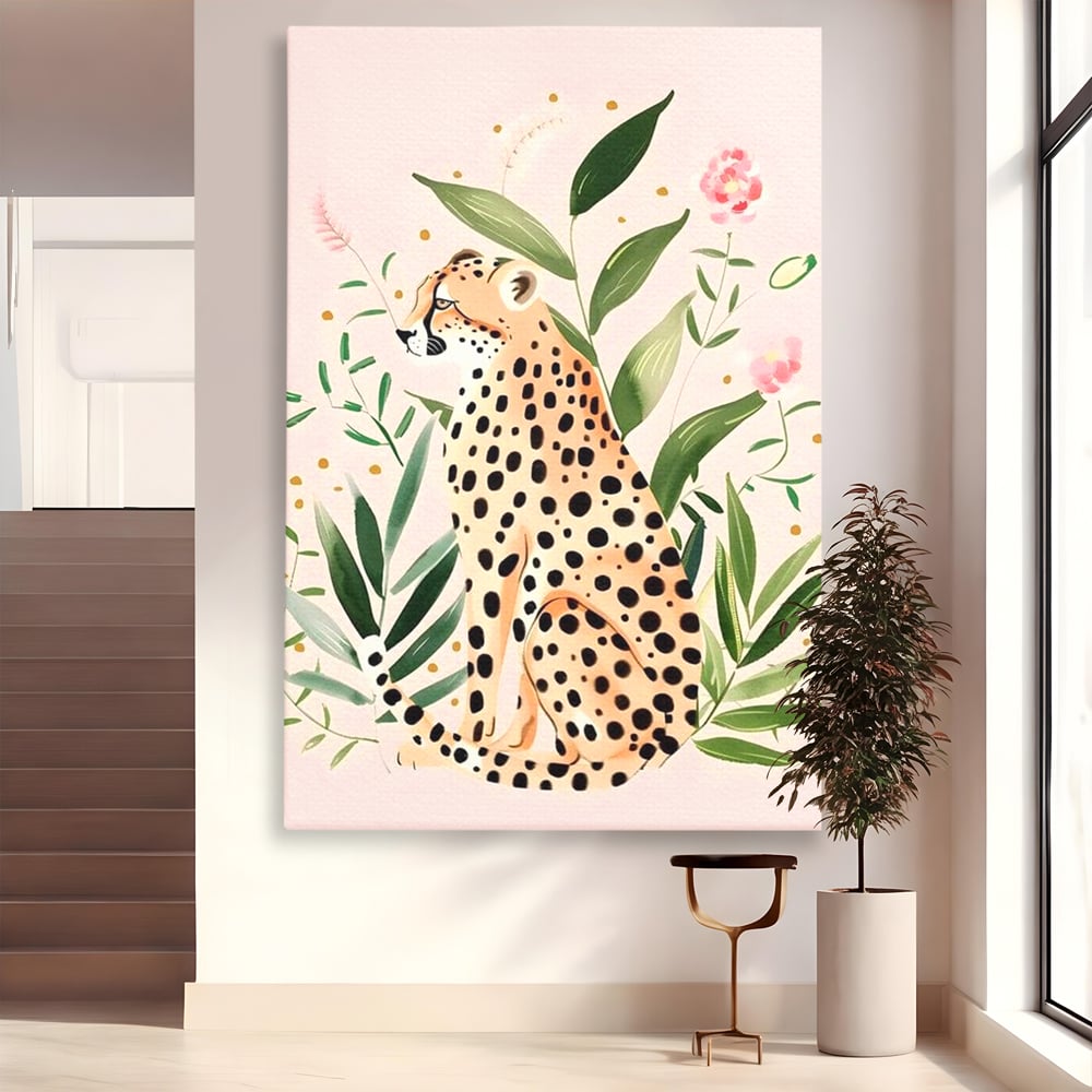 Tablou canvas cu tablou canvas cu leopard si frunze tropicale, fara rama, pe sasiu de lemn